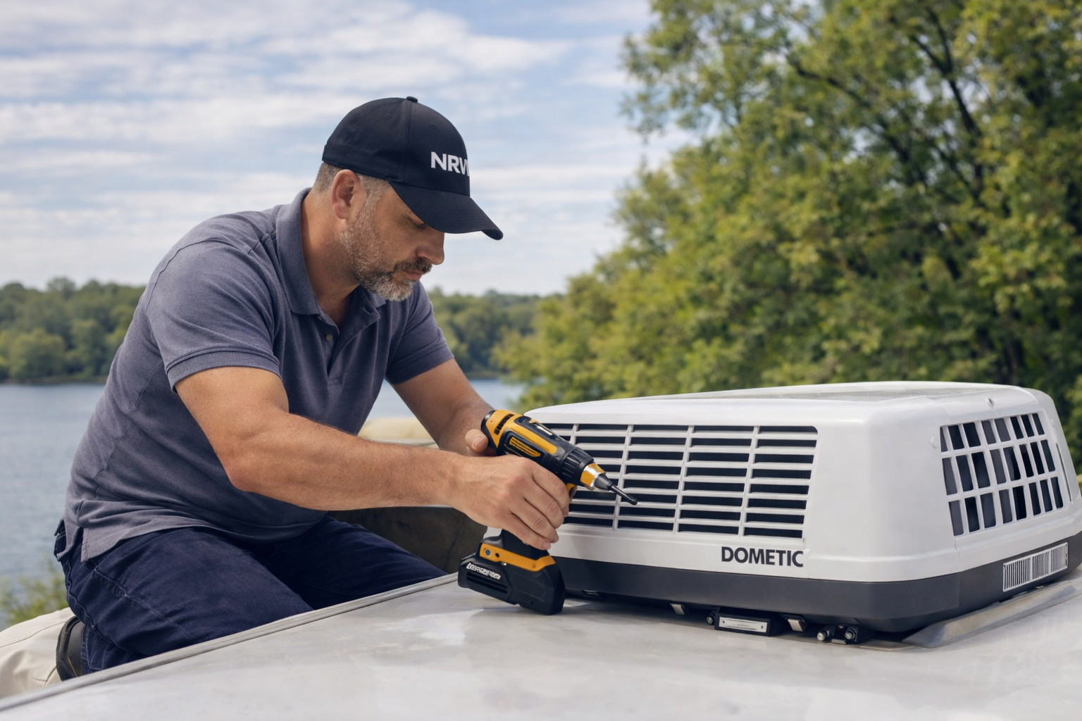 Mobile RV technician installing rooftop air conditioner on fifth wheel camper at campground near Lake Francis Case South Dakota
