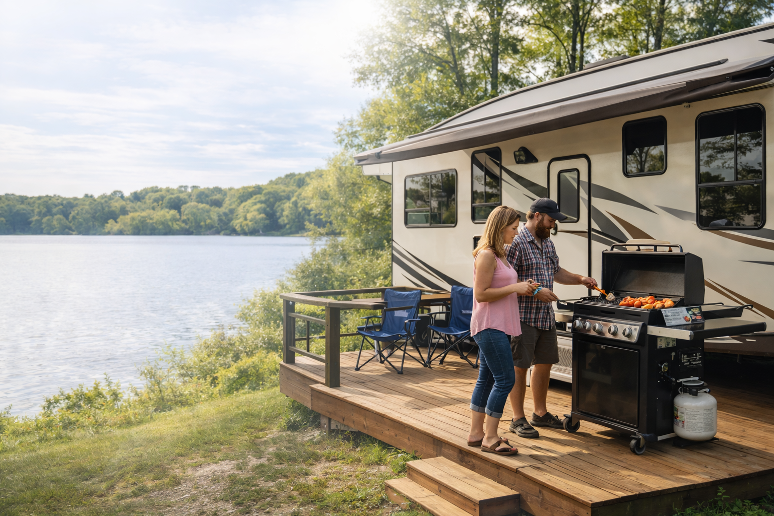 Fifth wheel camper at a lakeside campground on Lake Francis Case with people grilling on a deck next to the RV