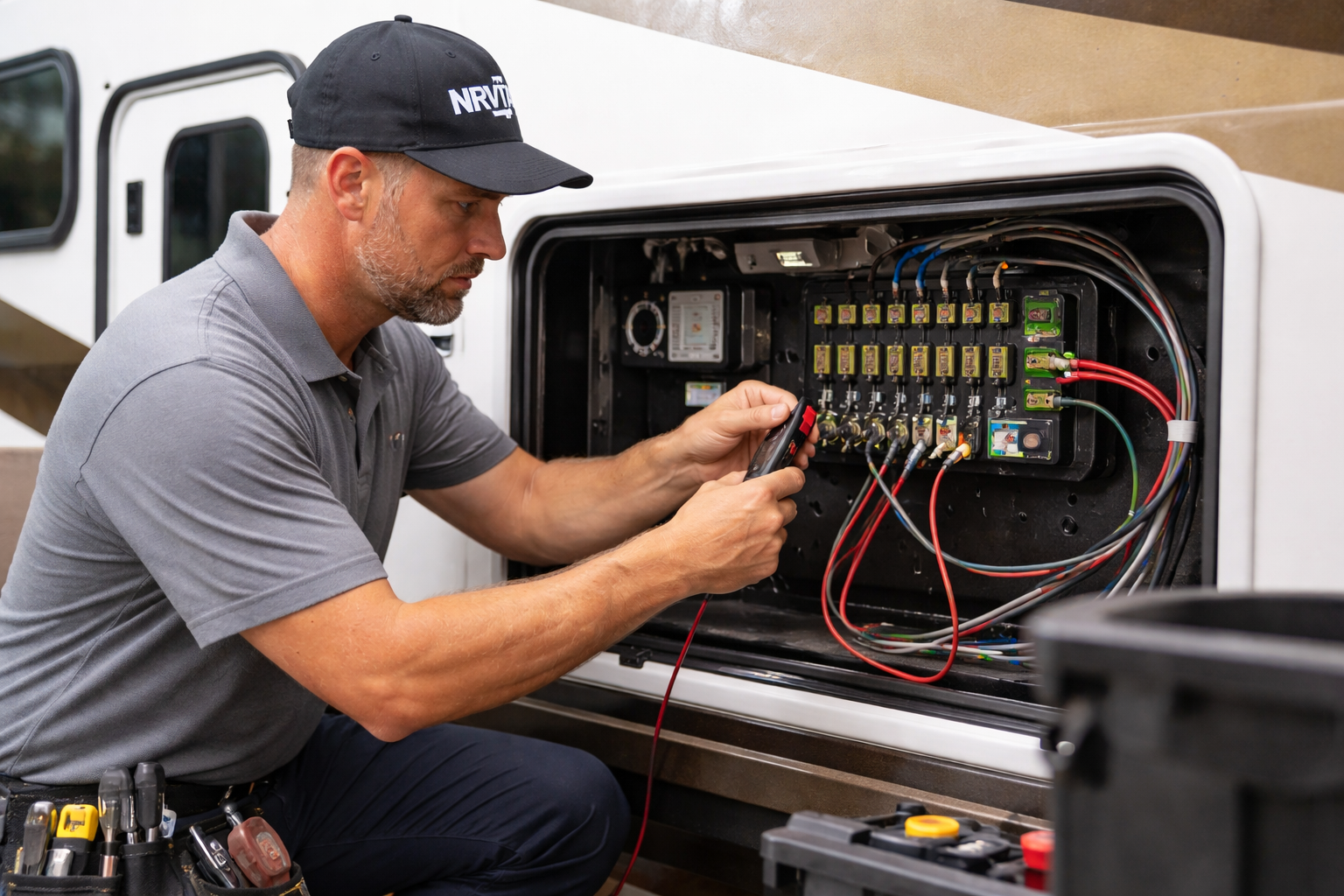 Mobile RV technician diagnosing electrical system in camper near Lake Francis Case South Dakota