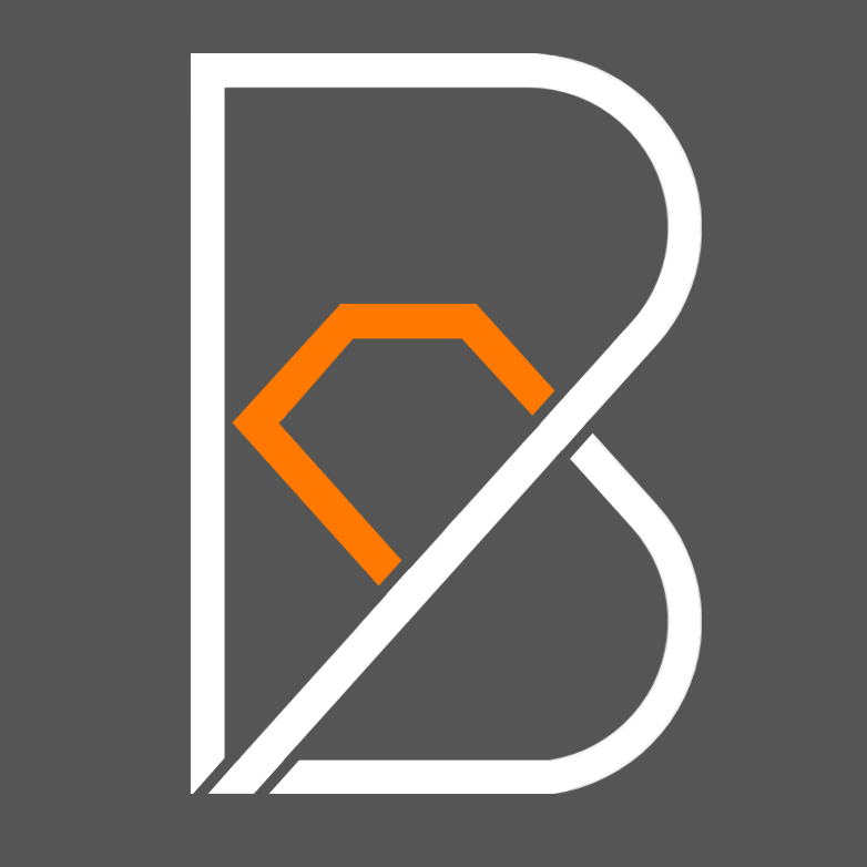Logo with a stylized letter B in white and an orange geometric shape in the center on a gray background.