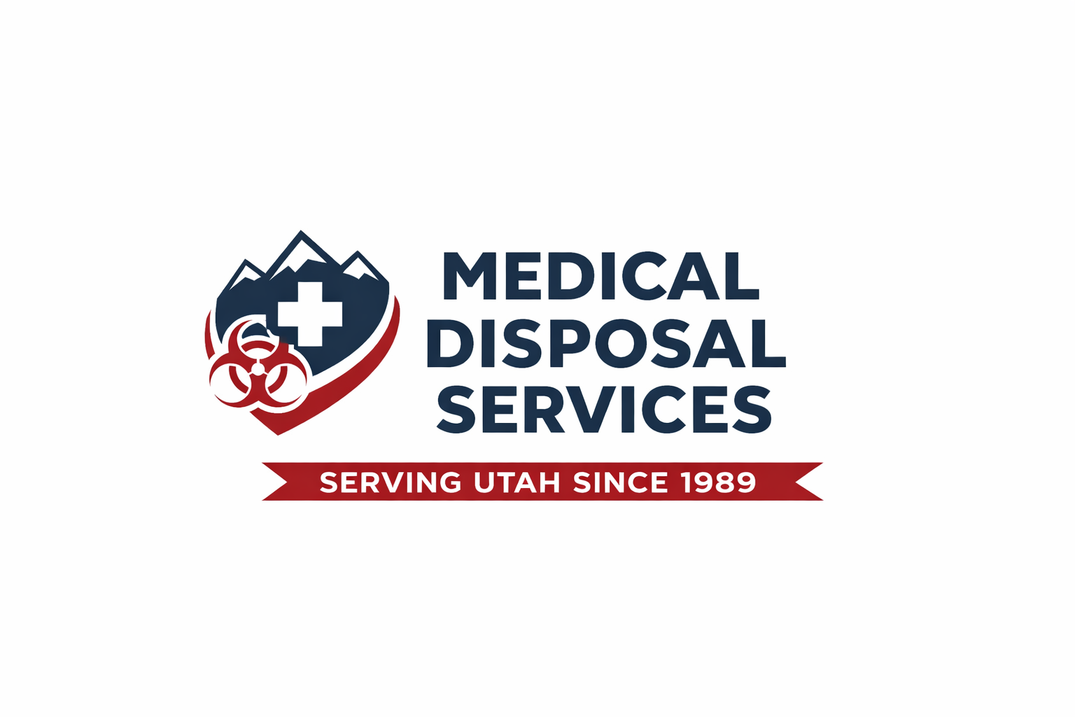 Logo for Medical Disposal Services featuring a shield with mountain peaks and a medical cross, biohazard symbol in red, and text indicating serving Utah since 1989.