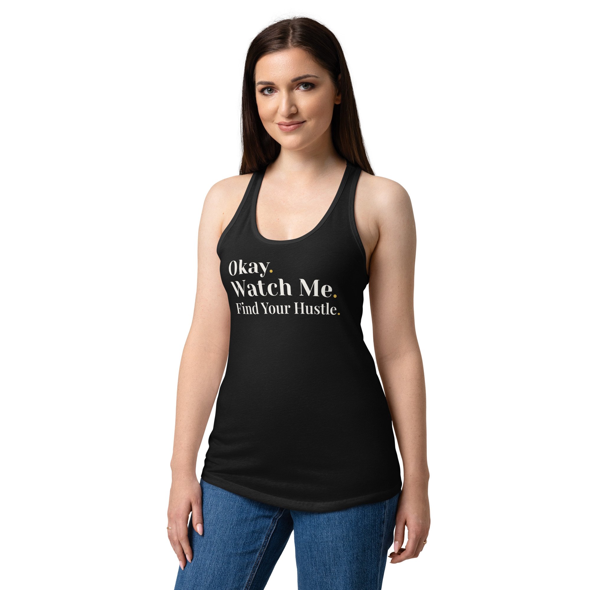 Women’s fitted racerback tank top – Find Your Hustle (White Font)