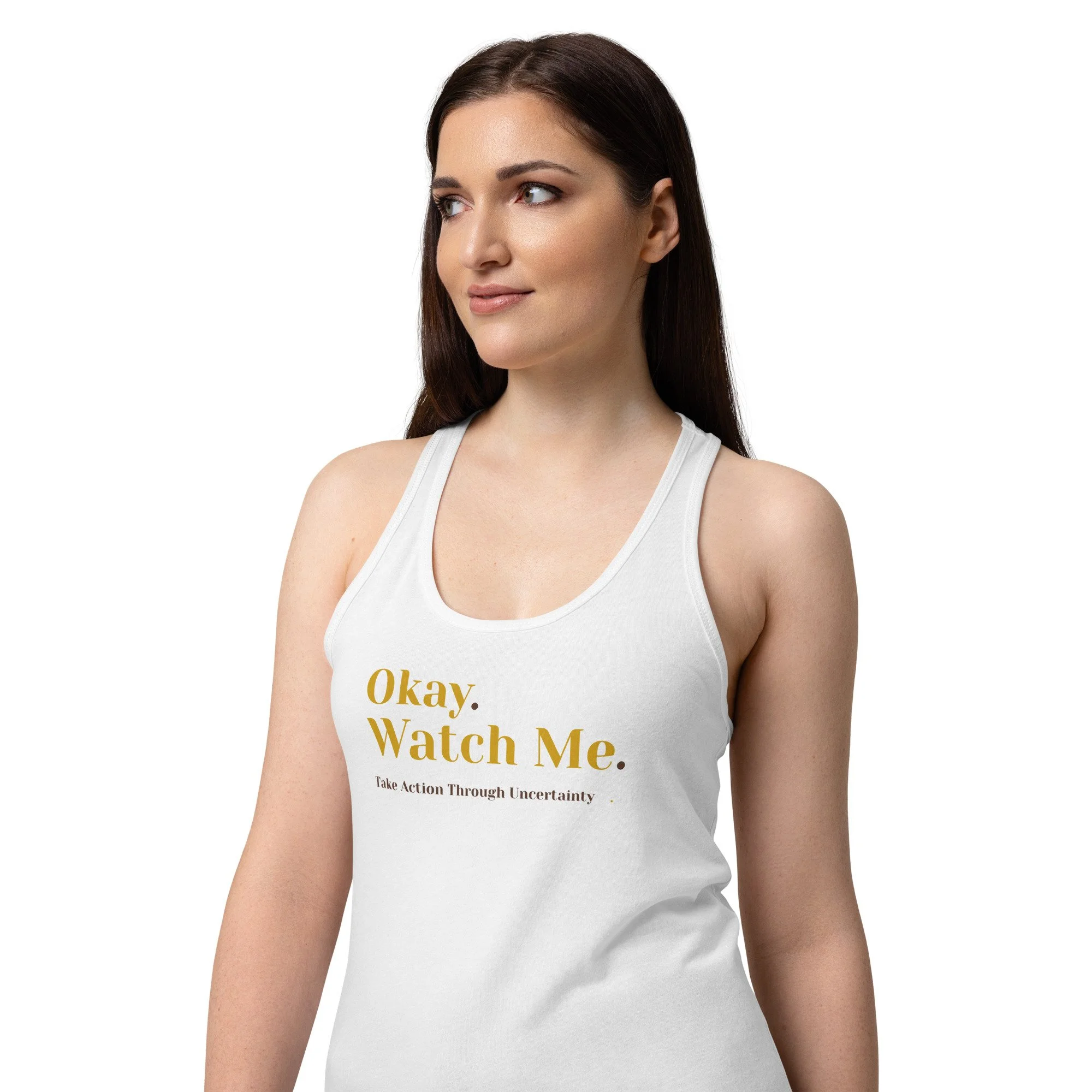 Women’s fitted racerback tank top – Take Action (Gold Font)