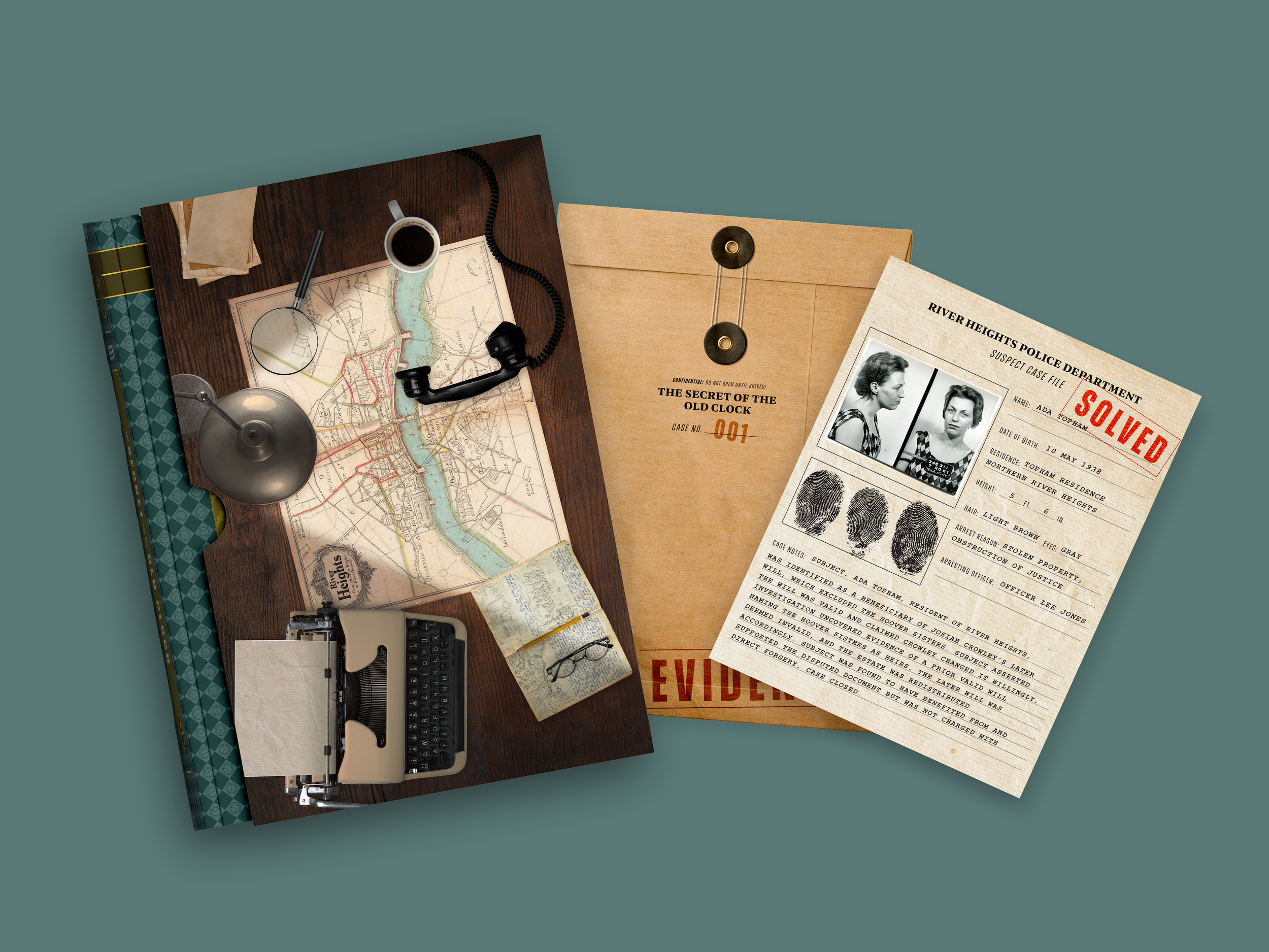 Top-down view of a detective's workspace with maps, an old-fashioned telephone, a cup of coffee, legal documents with fingerprints, a magnifying glass, and other investigative tools.