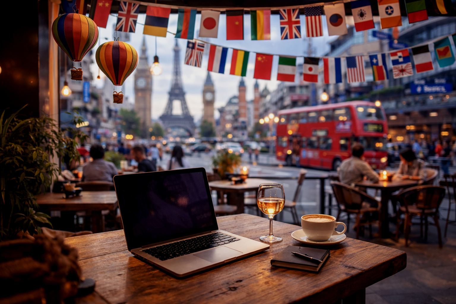 Indoor cafe with a wooden table, laptop, glass of white wine, coffee cup, and notebook, overlooking a street scene in Paris with the Eiffel Tower in the background, decorated with international flags, hot air balloons, and a red double-decker bus.