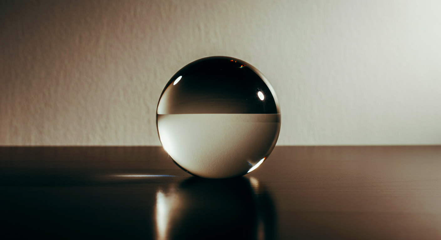 A clear glass sphere on a wooden surface, reflecting light and displaying a distorted view of the background.