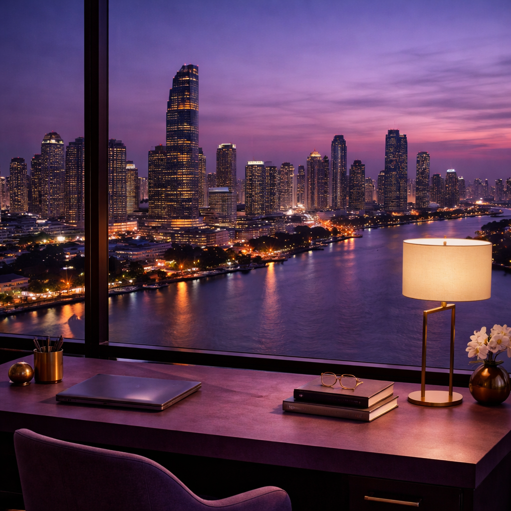 View of a city skyline at dusk through a large window, with high-rise buildings and a river reflecting city lights, seen from a desk with a lamp, books, glasses, and decorative objects.