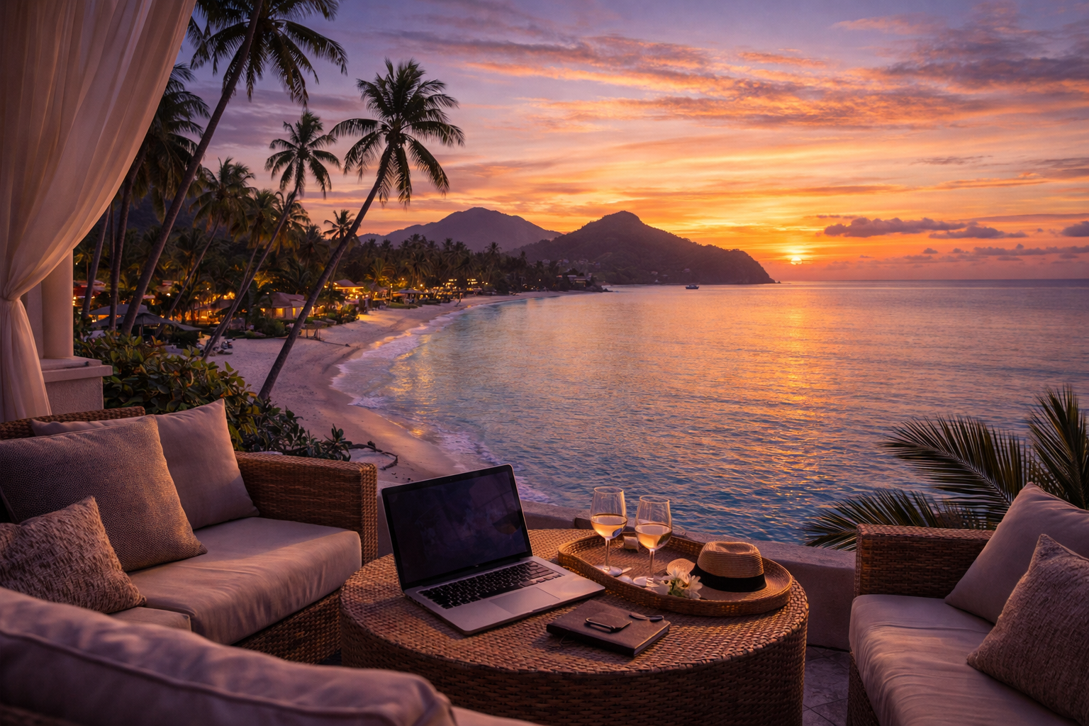 A view of a beach at sunset with palm trees, mountains in the background, and a cozy outdoor seating area with cushions, a laptop, two glasses of wine, and a hat on a tray.