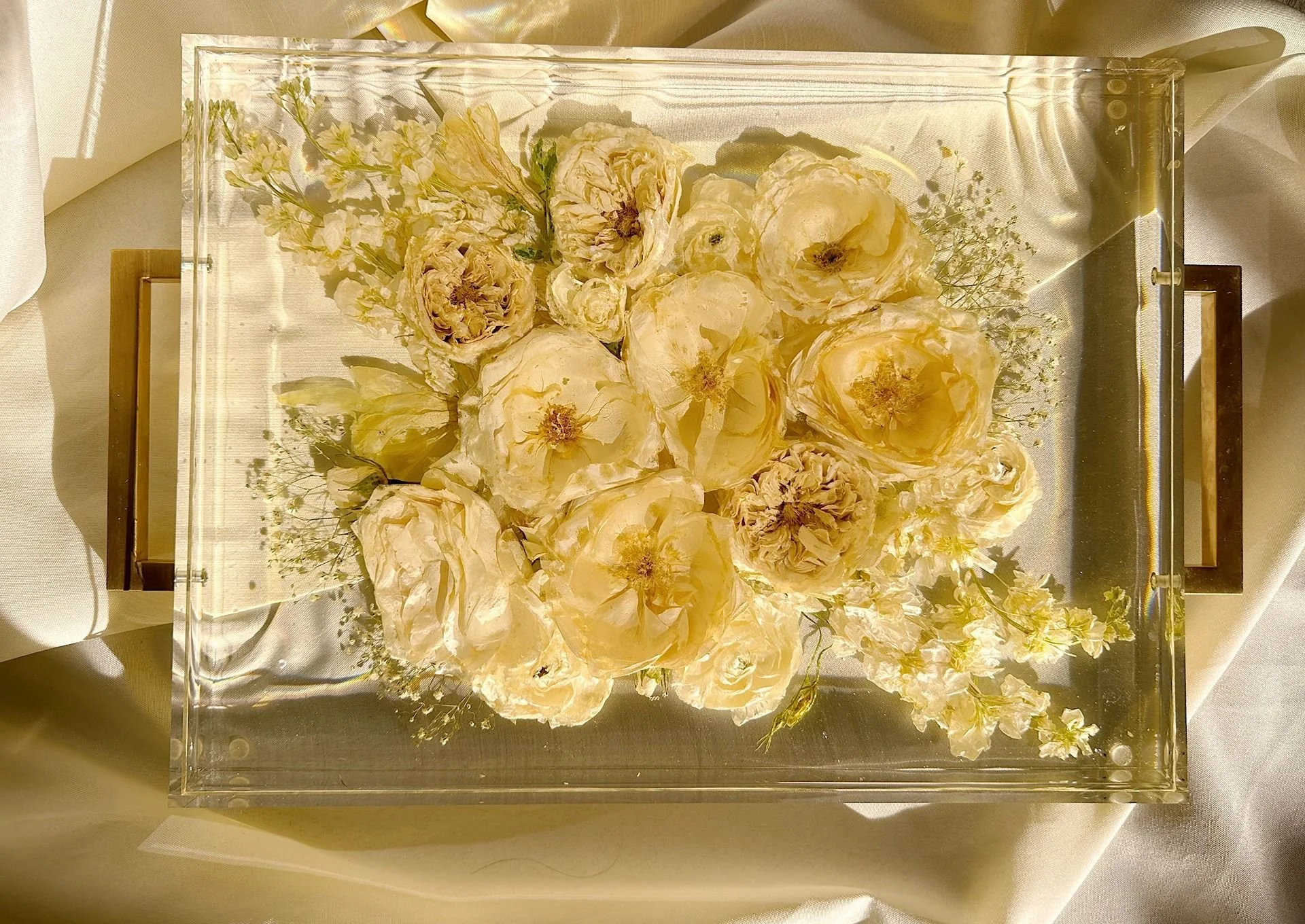 16x12 rectangle, acrylic tray with Gold Handles