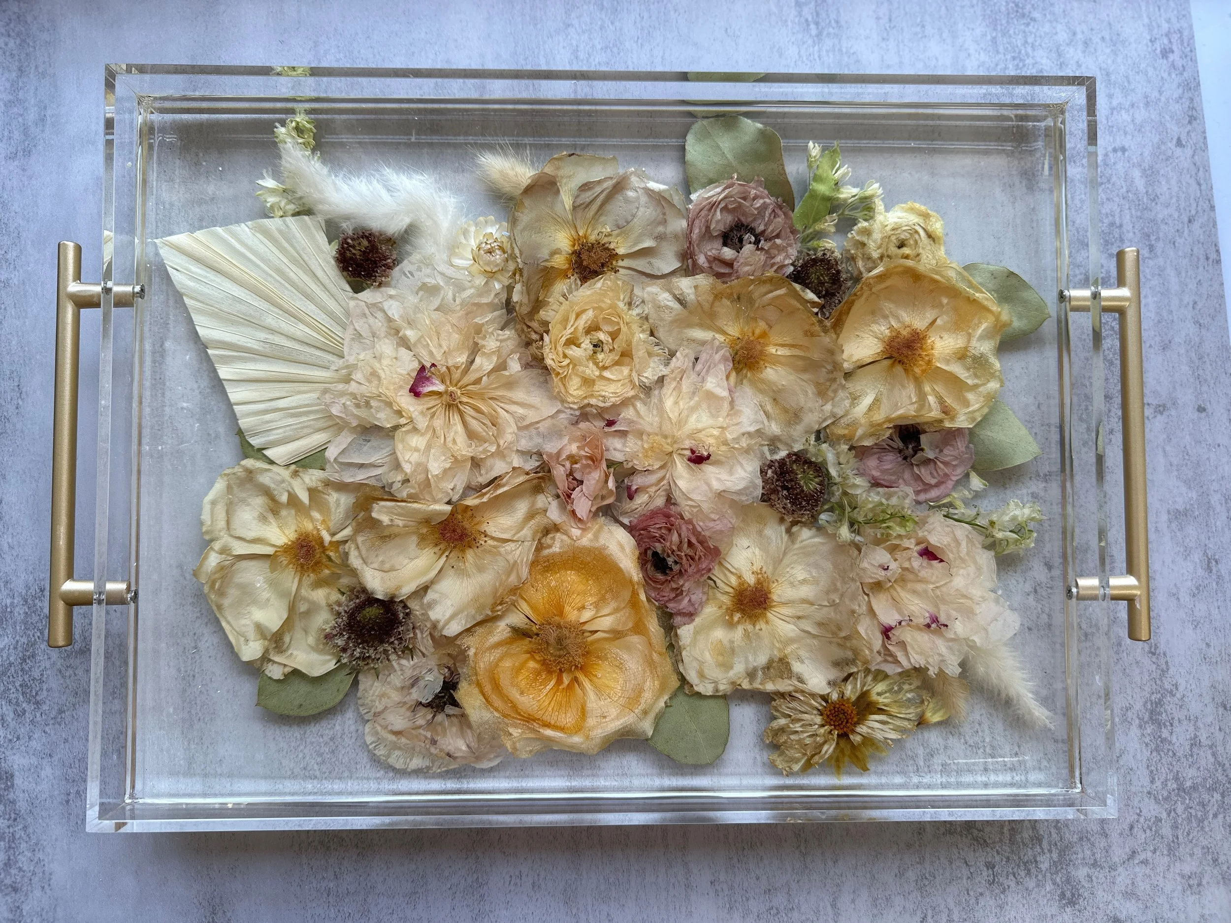 16x12 rectangle, acrylic tray with Gold Handles