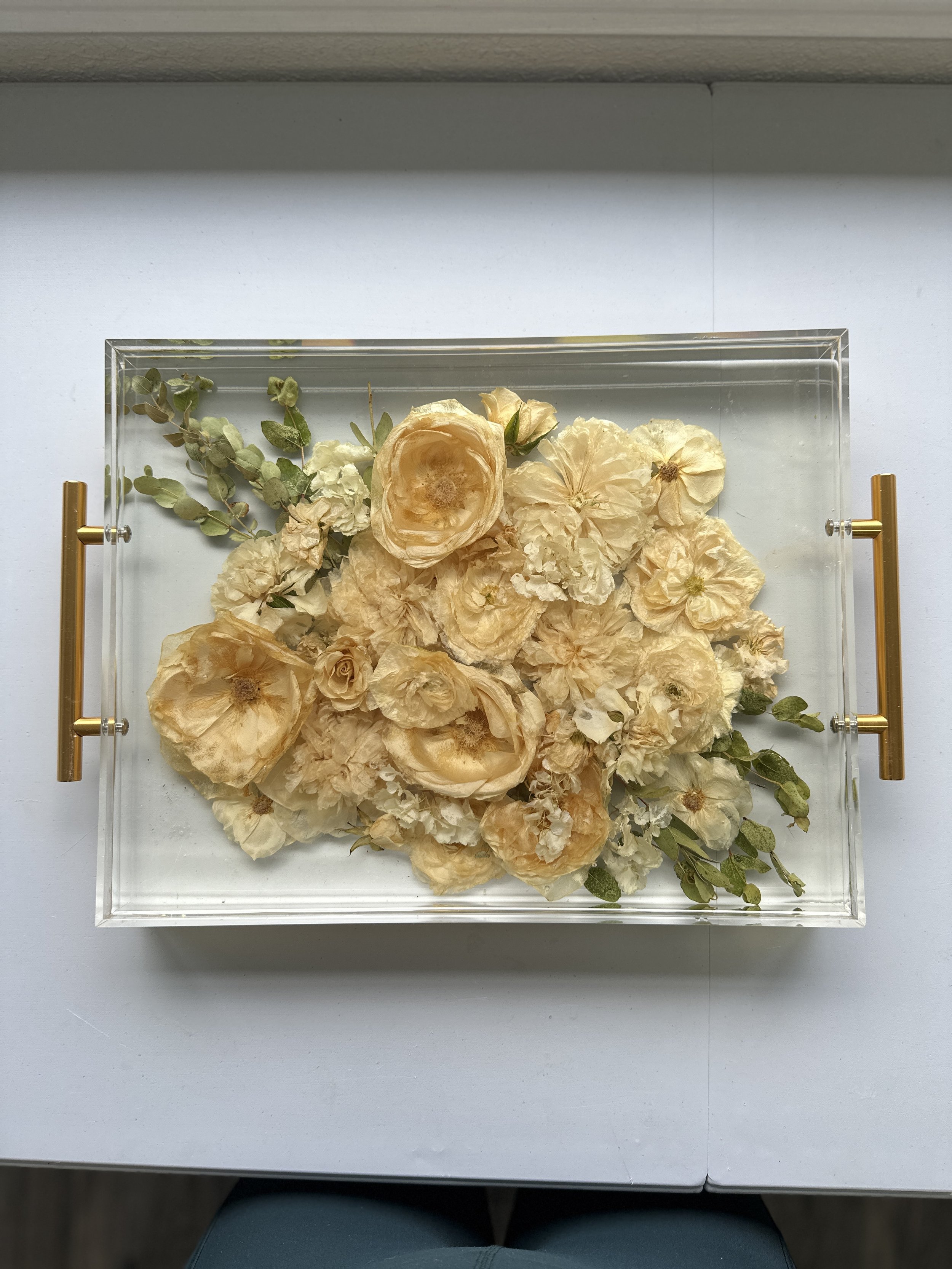 16x12 rectangle, acrylic tray with Gold Handles