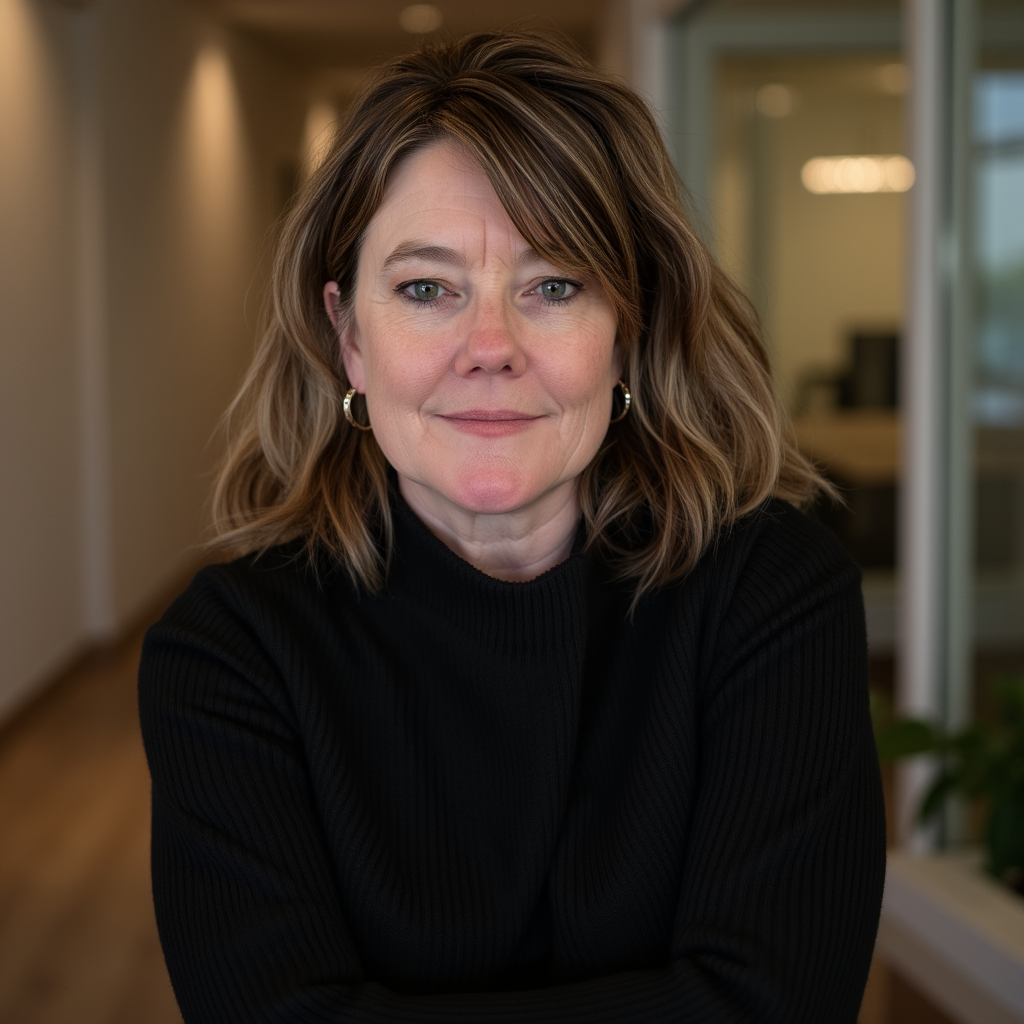 Jessica Ann Mcintosh, start-up advisor,  with shoulder-length wavy light brown hair and blue eyes, wearing a black sweater and hoop earrings, is looking directly at the camera with a slight smile in a modern indoor setting.