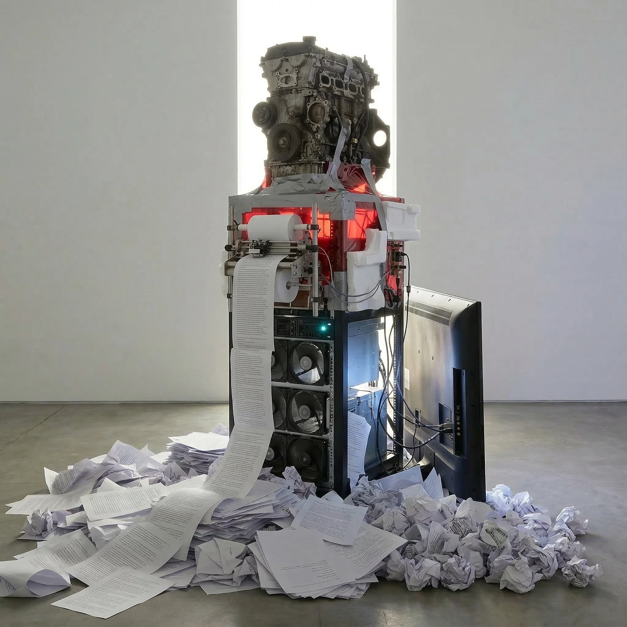 An art installation featuring a vintage car engine on top of a computer tower, with paper sheets and crumpled paper scattered on the floor, illuminated by red light in a minimalist room.
