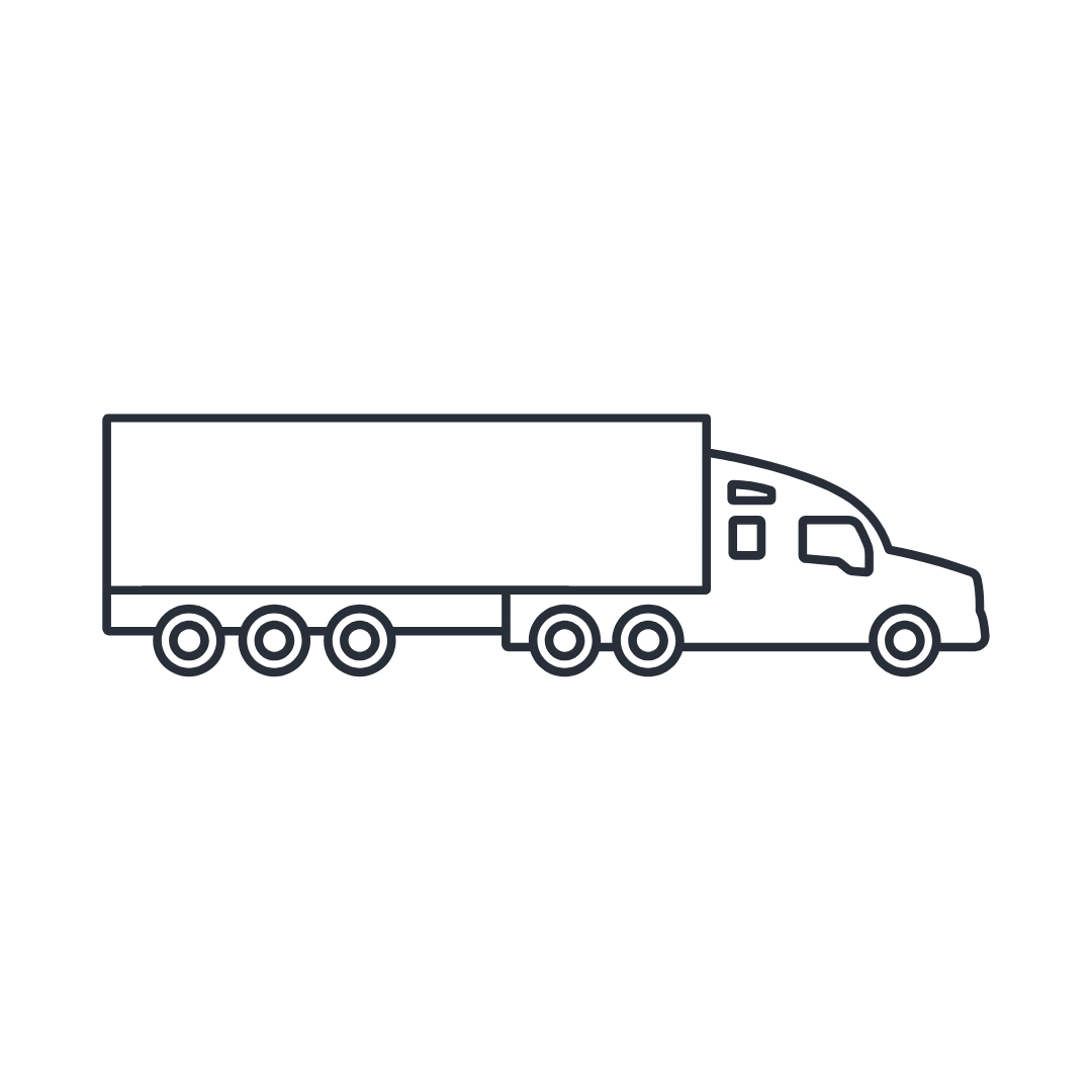 Outline of a semi-truck with a cab and long trailer on a black background