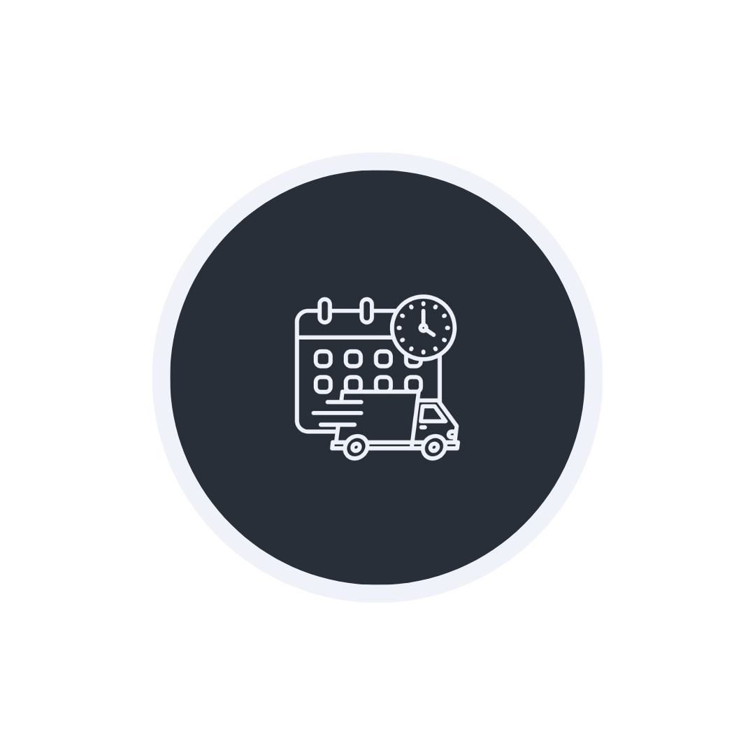 Icon depicting a calendar, delivery truck, and clock to represent scheduling or delivery timing