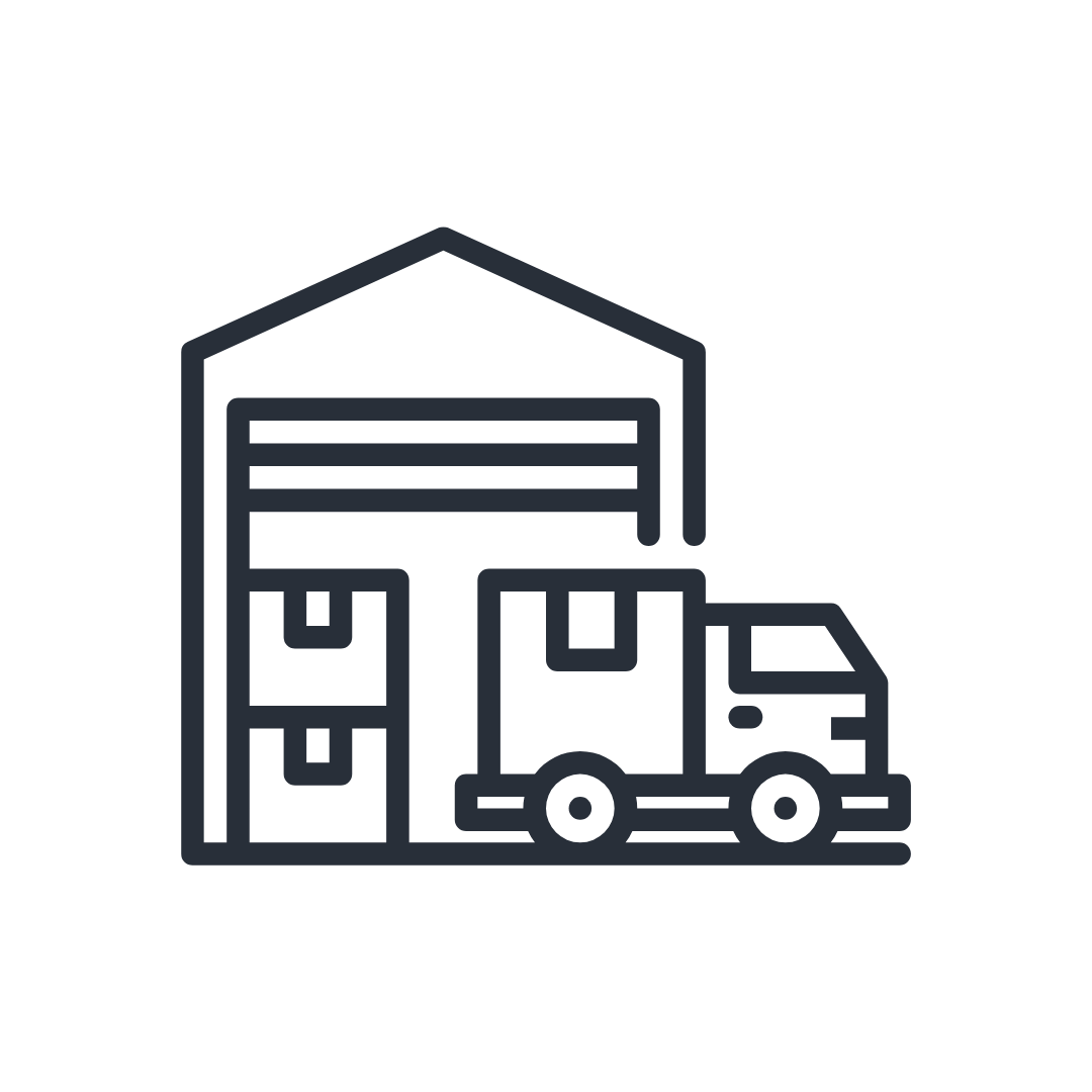 Line drawing of a warehouse with a truck parked outside and boxes inside.