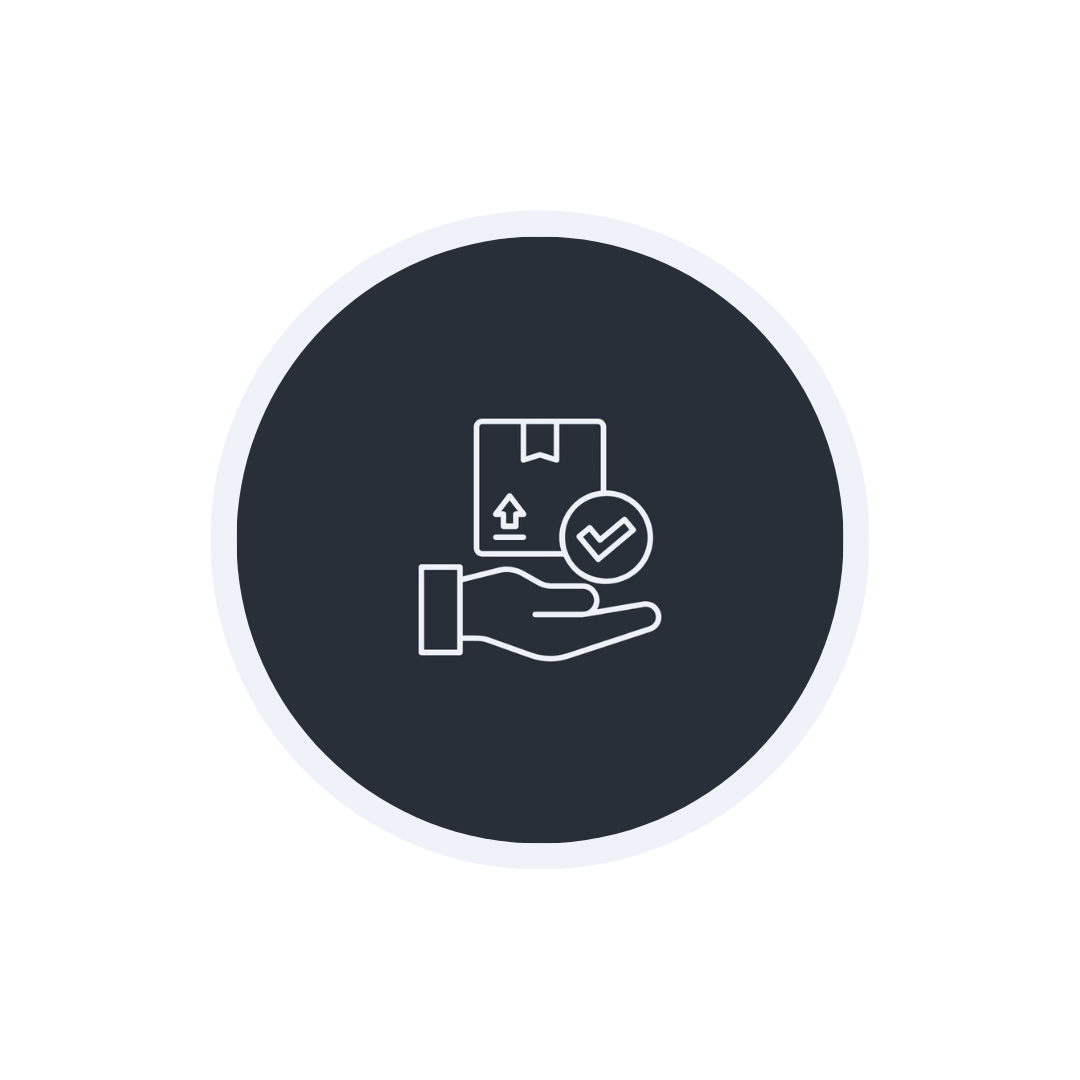 Icon of a hand holding a package with a checkmark and an upload arrow.