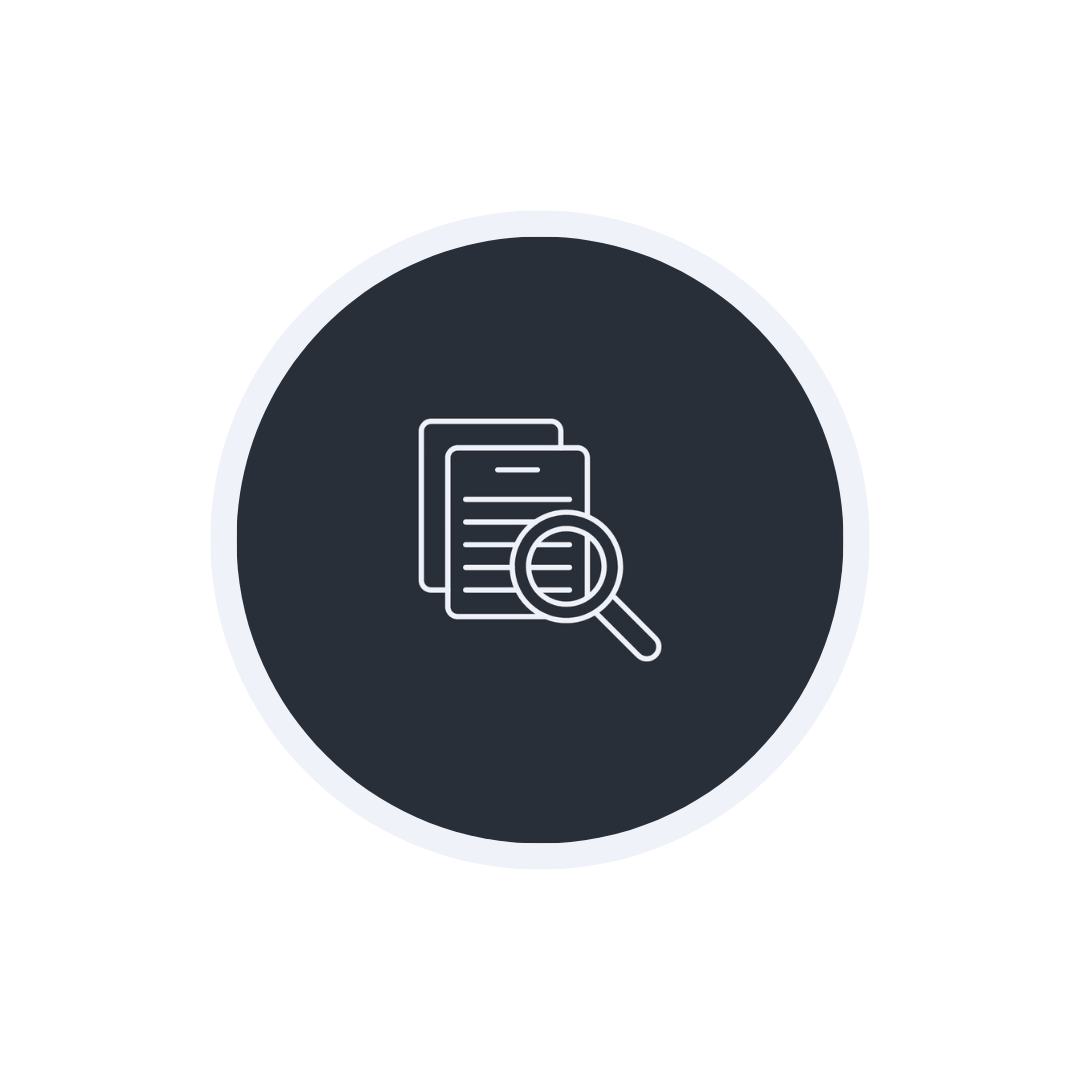 Icon of documents with a magnifying glass, representing search or document investigation.