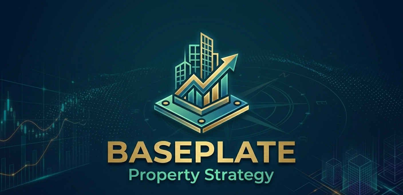 Digital illustration of a city with increasing property values, with a chart showing upward growth, and the text "BASEPLATE Property Strategy".
