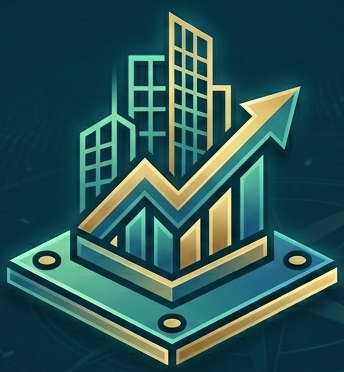 A digital illustration of a city skyline with skyscrapers and an upward trending arrow, symbolizing growth or progress.