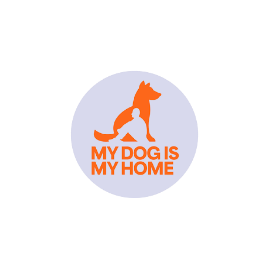 A circular graphic with an orange silhouette of a dog and a person, and the words "My Dog is My Home" in orange text.