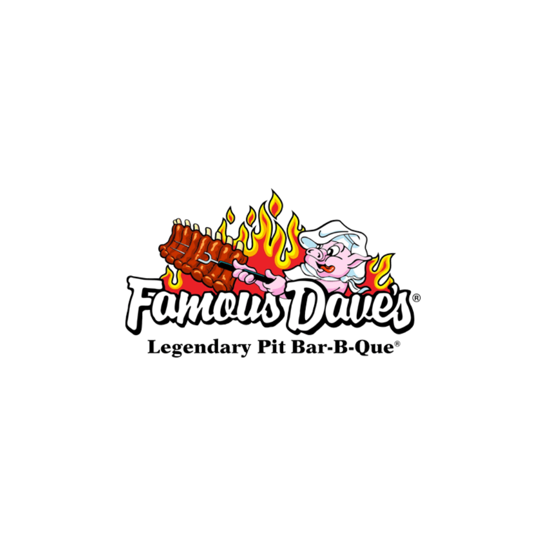 Logo for Famous Dave's, featuring a cartoon pig with white hair and glasses, holding a fork with ribs on a background of flames. Text reads 'Famous Dave's' and 'Legendary Pit Bar-B-Que.'