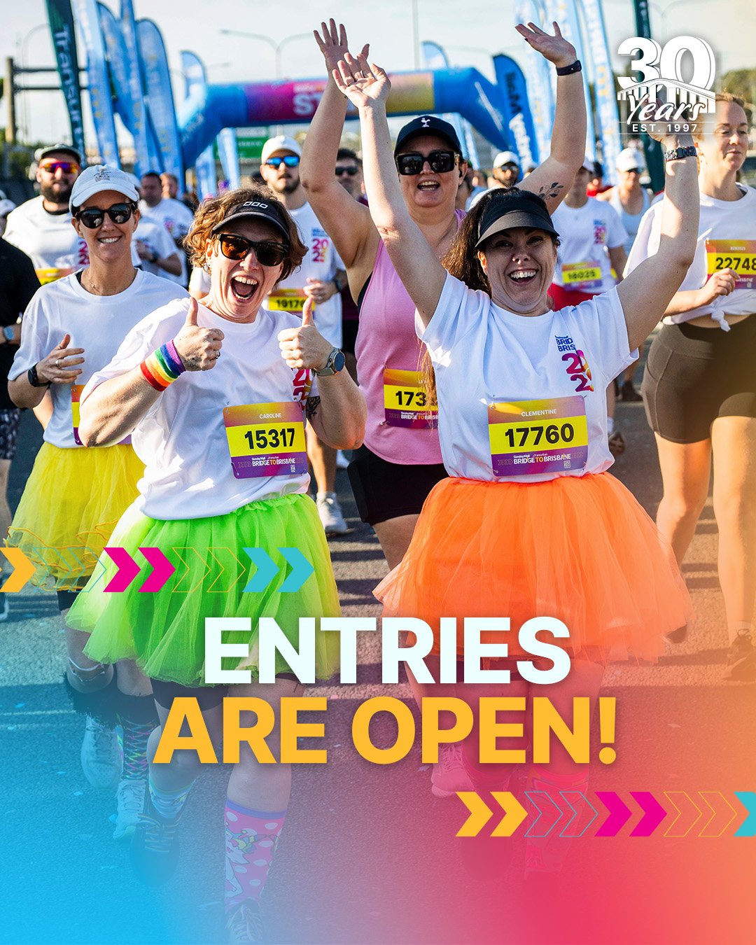 The 2026 Transurban Bridge to Brisbane entries are OPEN and our Flash Sale is LIVE!

Celebrating it&rsquo;s 30th year of fun on Sunday 13th September, you won&rsquo;t want to miss out on Brisbane&rsquo;s biggest fun run! 

Choose your race and regist