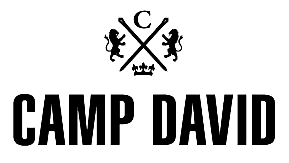 Logo with two lions, a crown, and crossed lines. Camp David Logo.