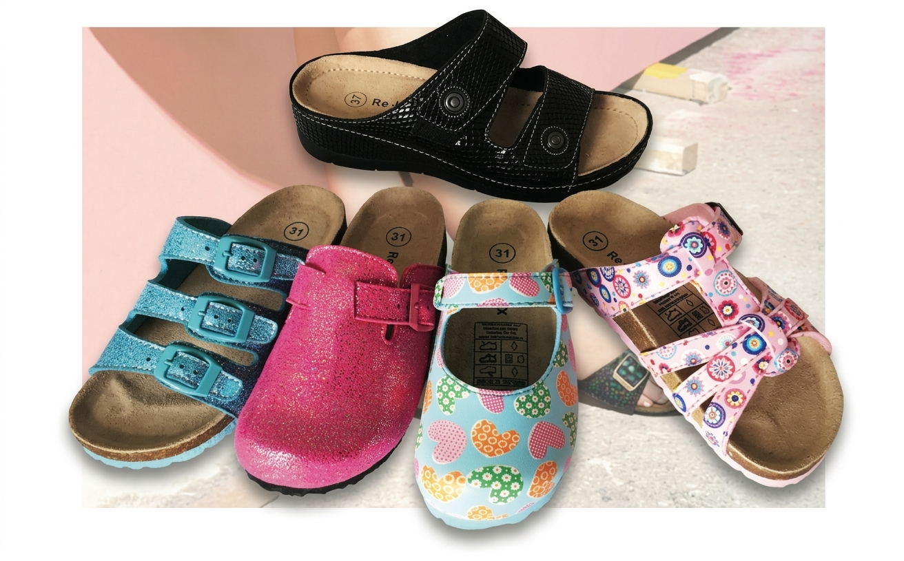 Collection of children's sandals in black, blue with glitter, pink with glitter, multicolored with hearts, and pink with flowers, arranged on a light-colored surface.