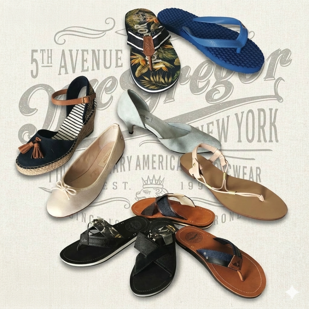 A collection of various women's sandals and shoes placed on a surface with a printed design that includes text and a crown illustration.