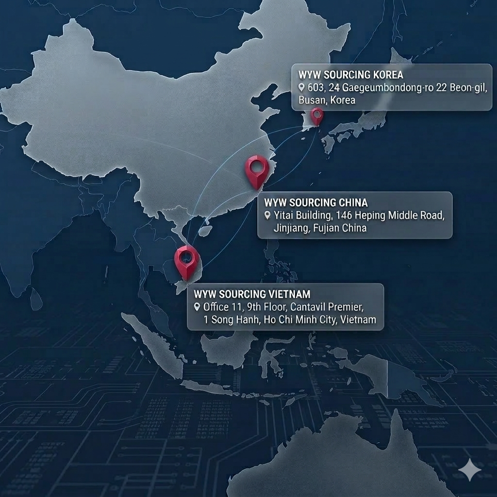 Map showing locations of WYW sourcing offices in Korea, China, and Vietnam with respective addresses.
