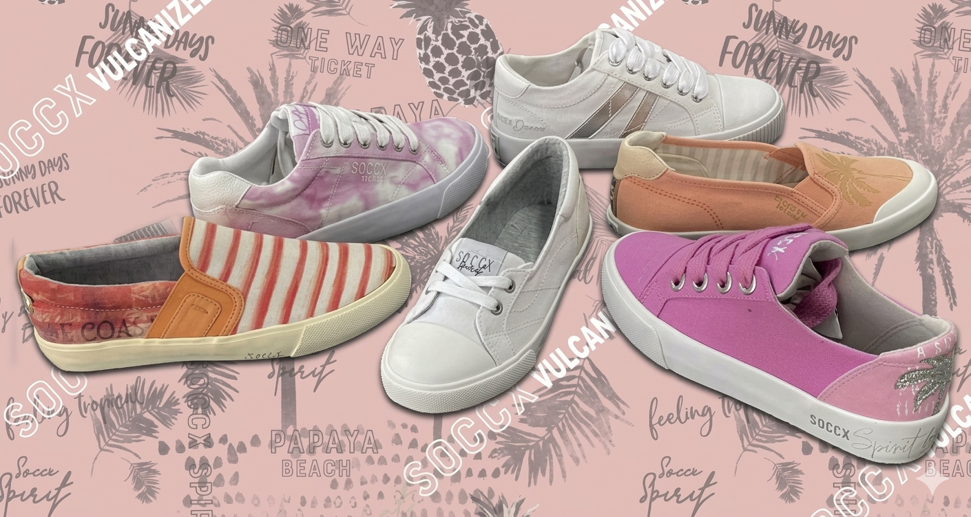 An assortment of six casual sneakers displayed on a pink background with beach-themed illustrations and text. The sneakers include various colors and designs, such as pink, white, peach, and purple, each featuring different patterns and branding.