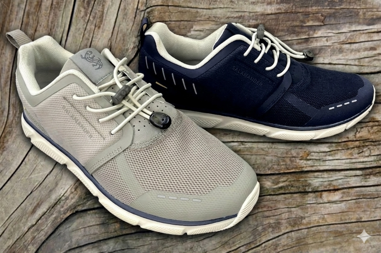 Pair of beige and navy athletic sneakers on wooden surface.