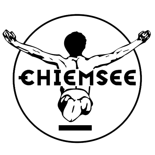 A black and white logo featuring a person with arms outstretched, with the text 'CHIEMSEE' across the chest, inside a circle.