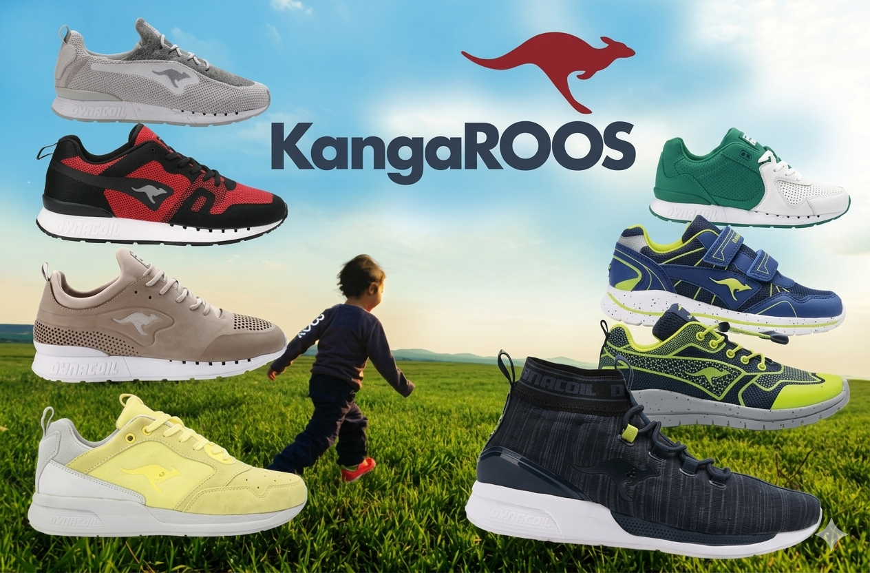 A boy playing in a green field with a background of blue sky and clouds, surrounded by various athletic shoes and a kangaroo logo with the text 'KangaROOS'.