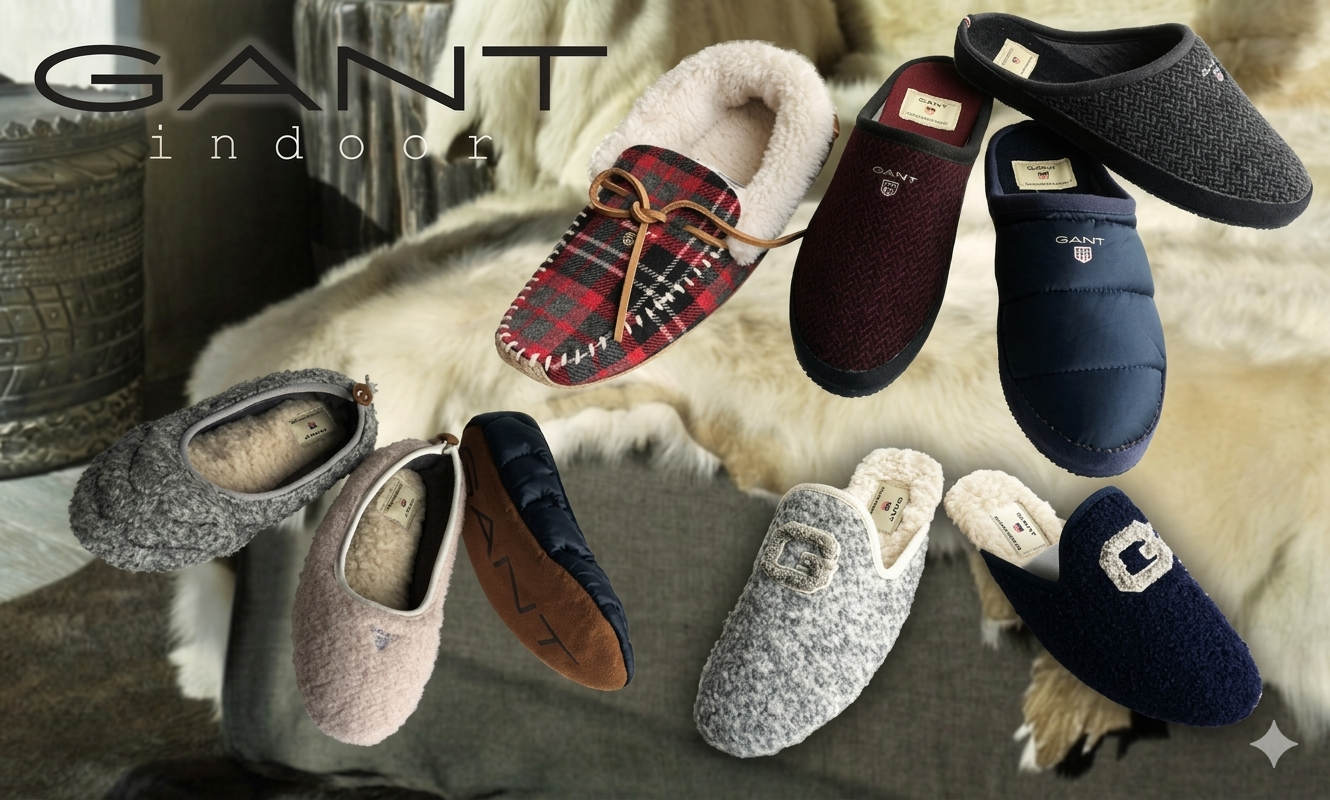 A variety of cozy, plush slippers in different colors and patterns arranged on a furry surface, with the brand 'GANT' visible on some slippers and the text 'GANT indoor' in the background.