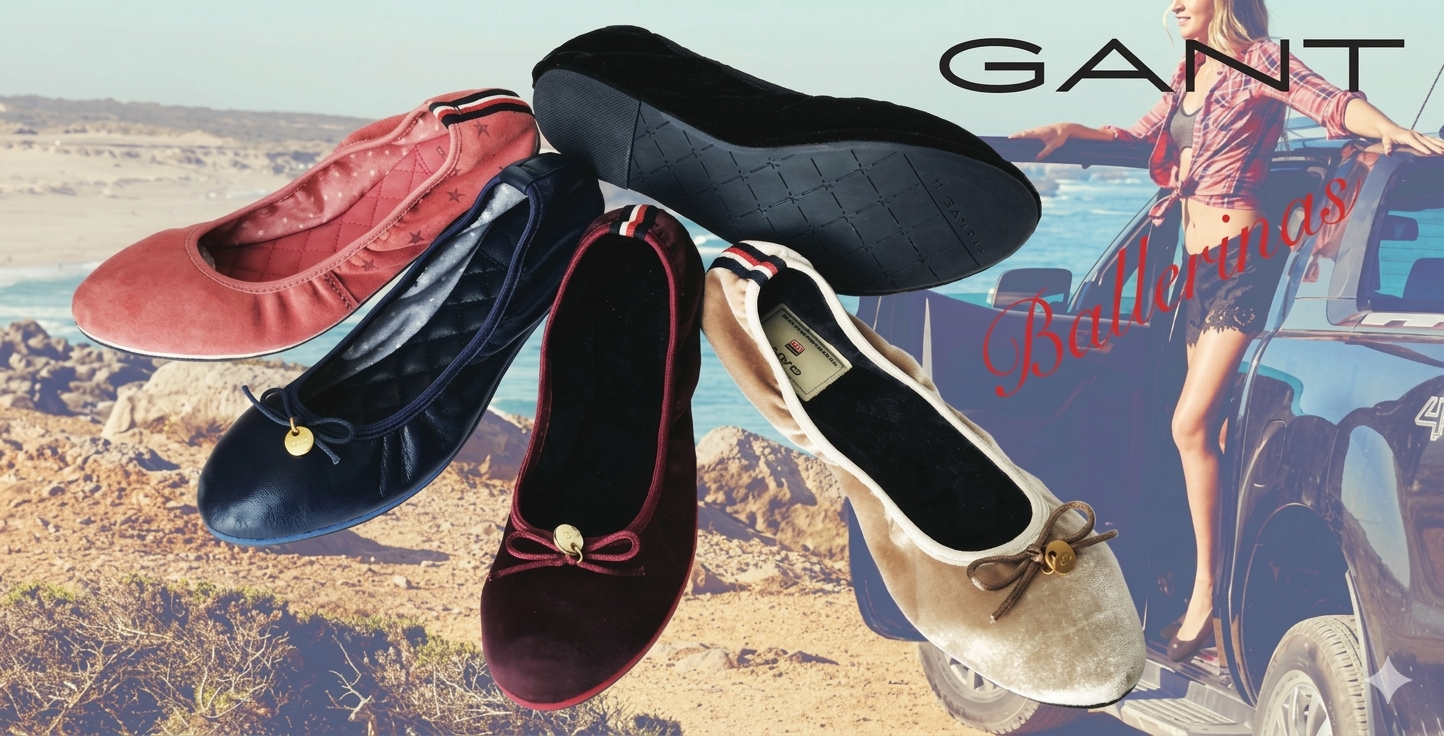 A beach scene background with a woman leaning out of a car door, along with colorful ballet flats and the brand name GANT.