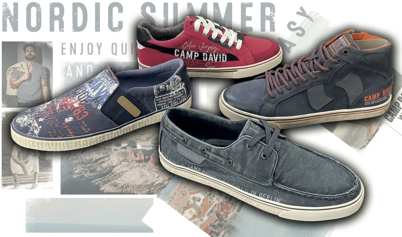 Four pairs of casual sneakers with various designs and colors displayed on a collage background featuring photos and text related to Nordic summer travel and fashion