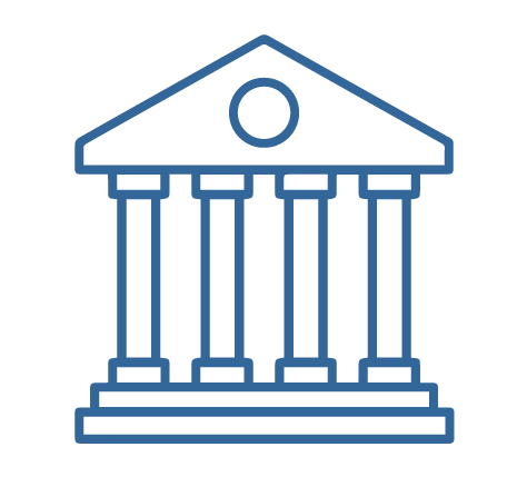 Outline drawing of a classical building with columns and a pediment.