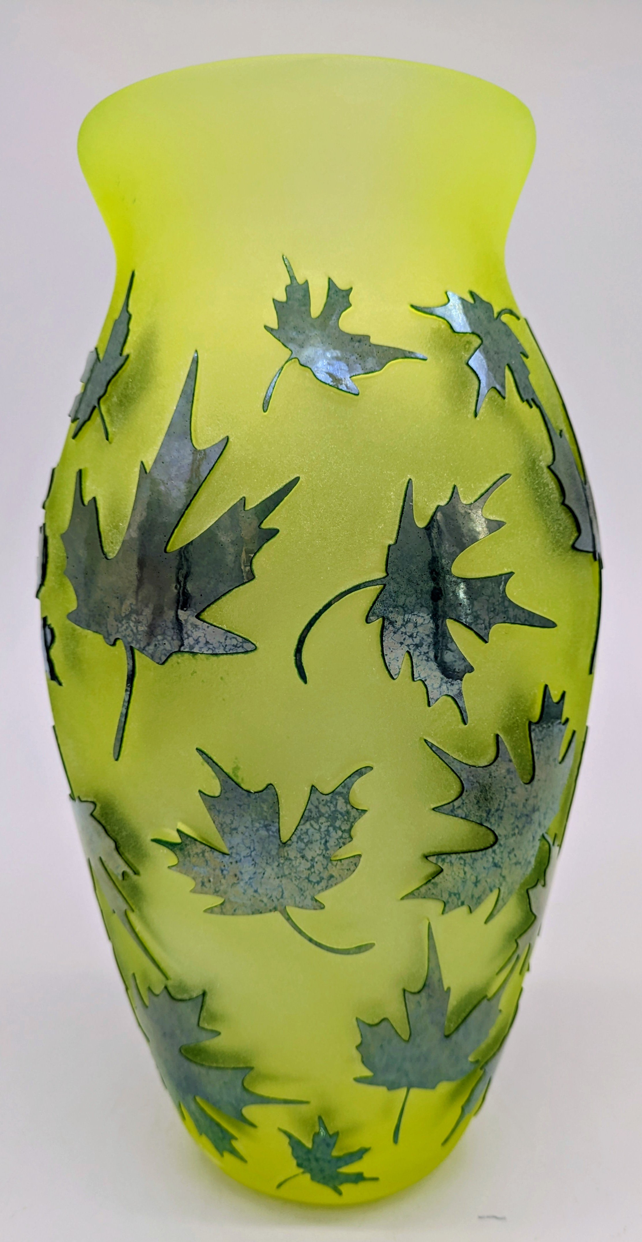Vaseline Glass Sand Carved Vase with Fall Leaves