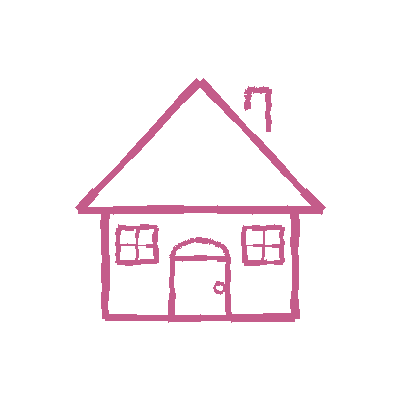 A simple pink line drawing of a house with a triangular roof, two windows, a door, and a chimney on a black background.
