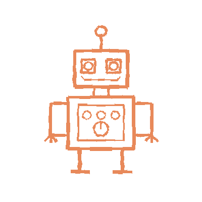 Drawing of a cute robot with a square body, round eyes, arms, and legs.