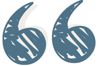 Stylized quotation marks in blue and white.