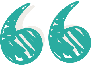 A stylized teal quotation mark symbol with a textured appearance.