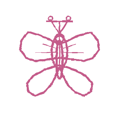 An abstract pink line drawing of a butterfly with detailed wings and antennae.