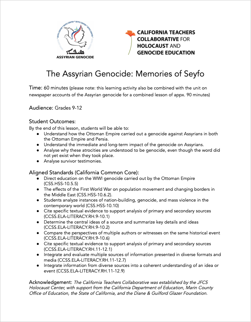 Sample Lesson Plan of Assyrian Genocide Studies