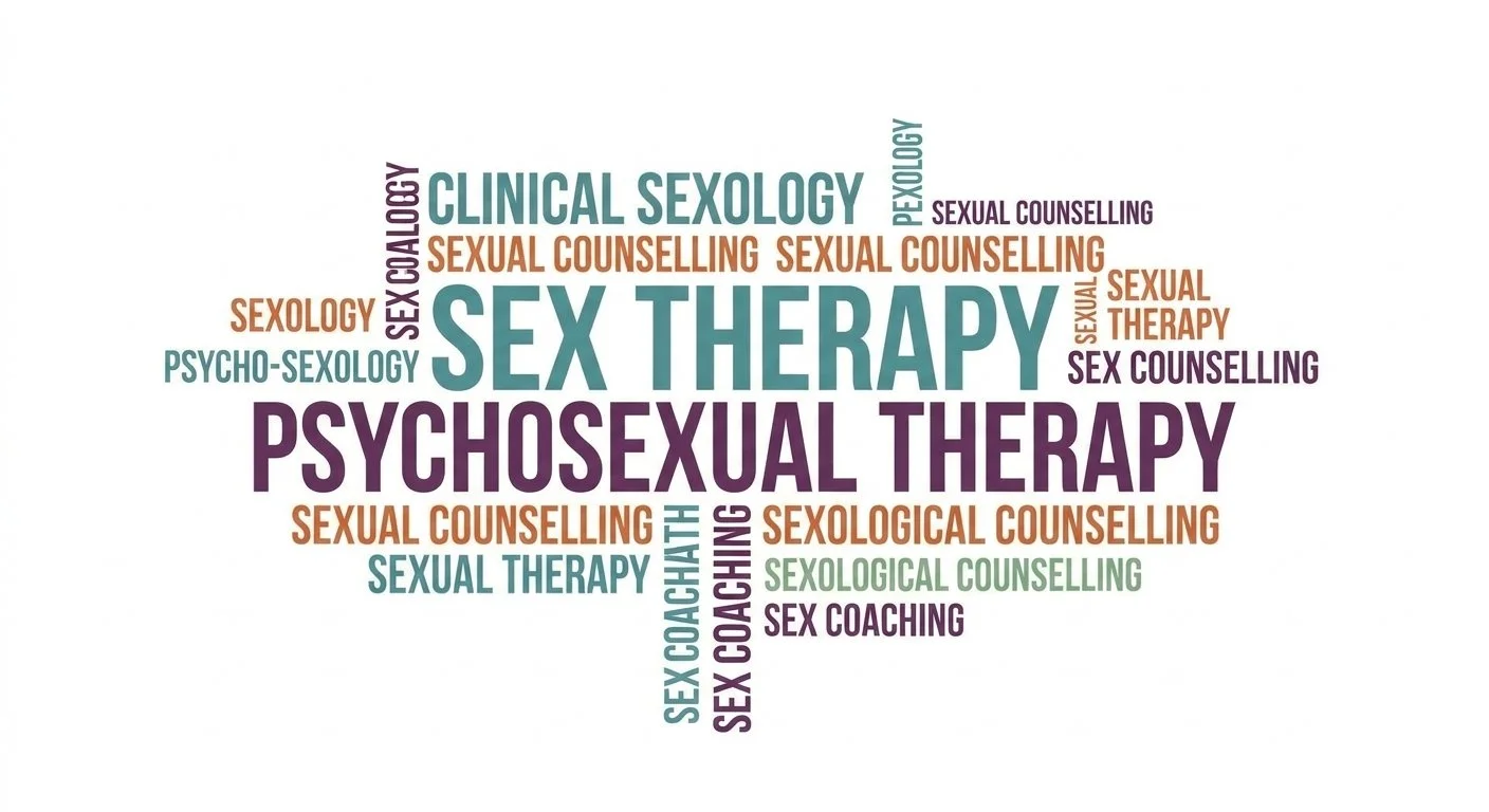 A word cloud with the words: Sex Therapy, Sexology, Clinical Sexology, Psycho-Sexology, Sexual Counselling, Sexual Health, Counselling, Sexual Therapy, Psychosexual Therapy, Sex Counselling, Sexological Counselling, Sex Coaching,