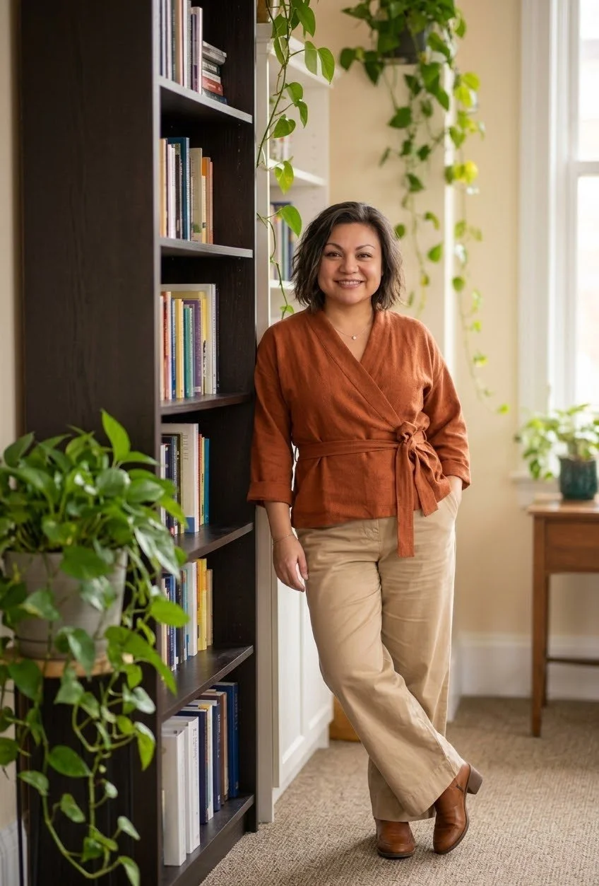 Eine lächelnde Frau steht in einem Bücherzimmer neben einem Bücherregal, trägt eine braune Bluse mit Gürtel, beige Hosen und braune Schuhe, umgeben von grünen Zimmerpflanzen.