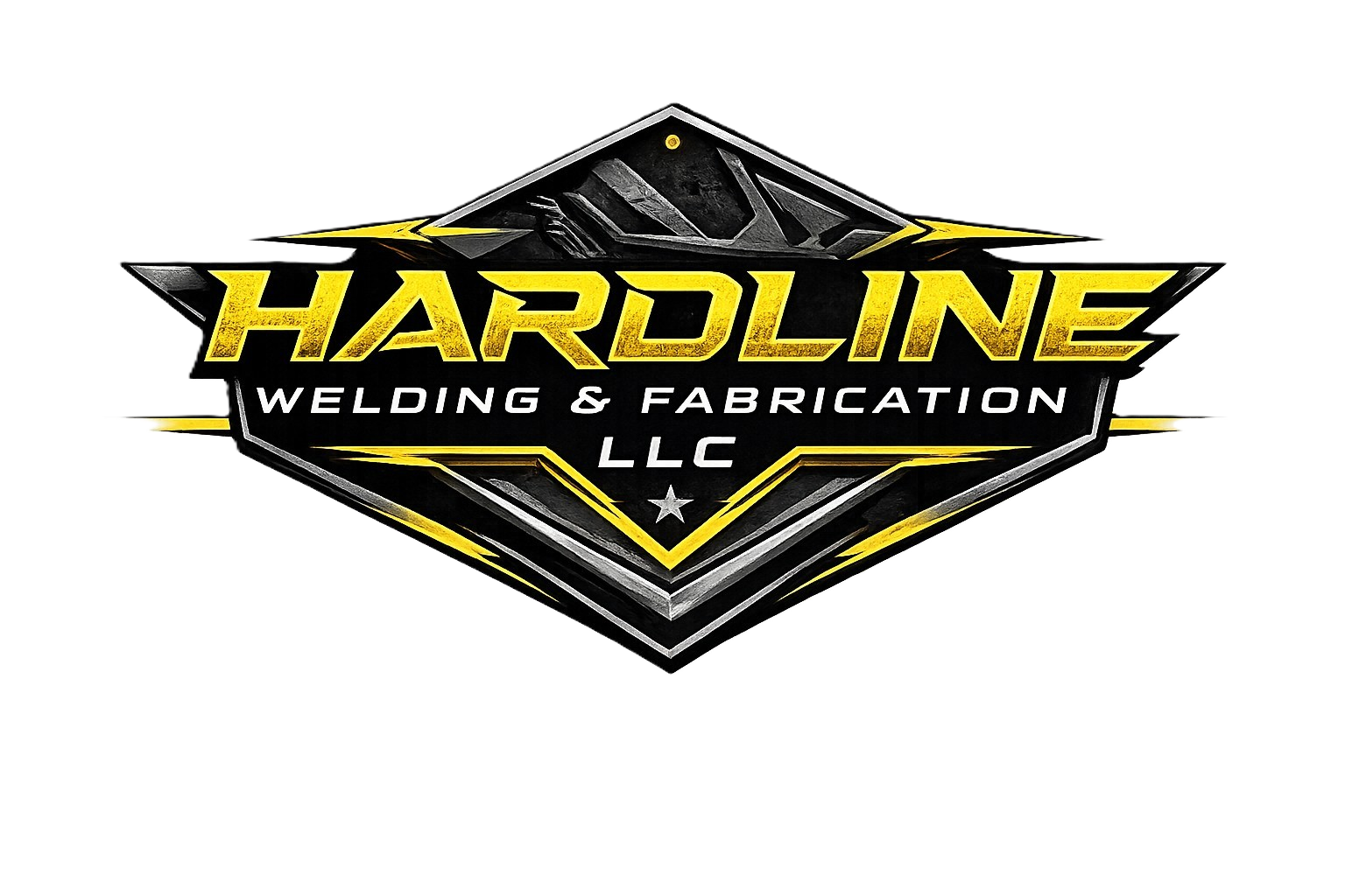 Logo of Hardline Welding & Fabrication LLC with bold yellow and black text and a metallic shield background.