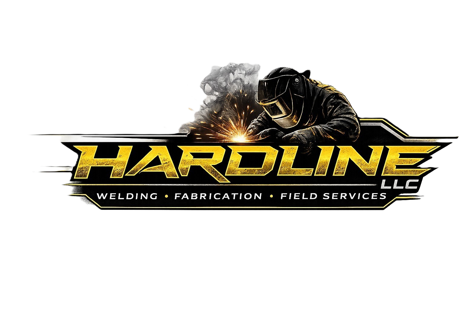 Logo with a welder figure, sparks, and smoke, featuring the text 'HARDLINE LLC' and a description of welding, fabrication, and field services.